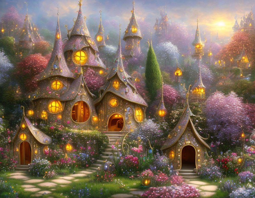 Fantasy cottage with glowing windows in twilight garden