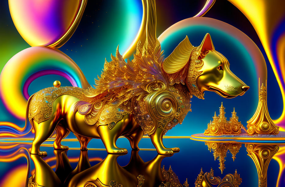 Golden ornate canine figure in vibrant psychedelic backdrop