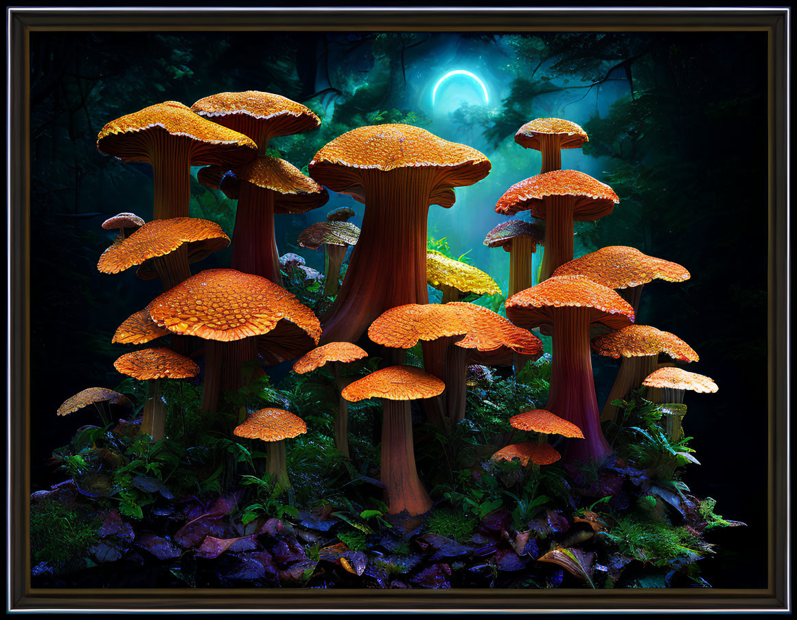 Vibrant orange-cap mushrooms in mystical forest setting