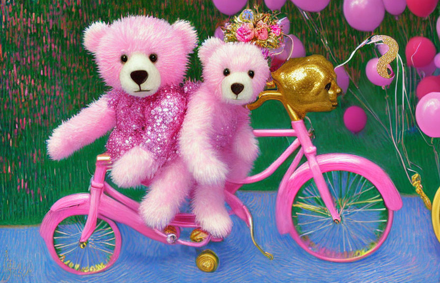 Pink Teddy Bears with Gold Crown on Pink Bicycle Surrounded by Balloons