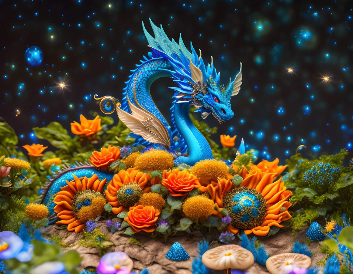 Colorful Blue Dragon Surrounded by Flowers and Stars