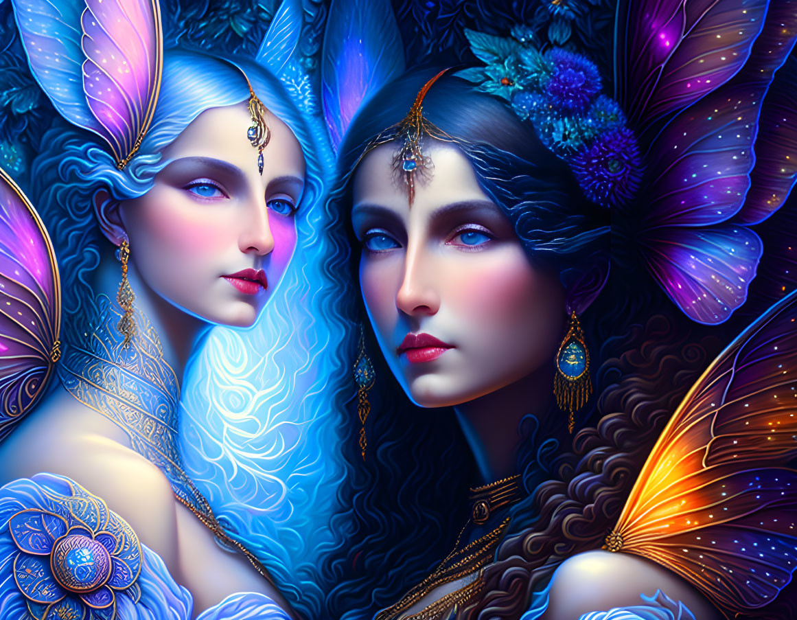 Ethereal women with butterfly wings in vibrant blue and purple setting