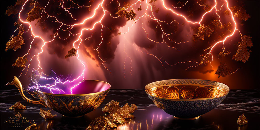 Intricate golden lamp and bowl on red lightning background