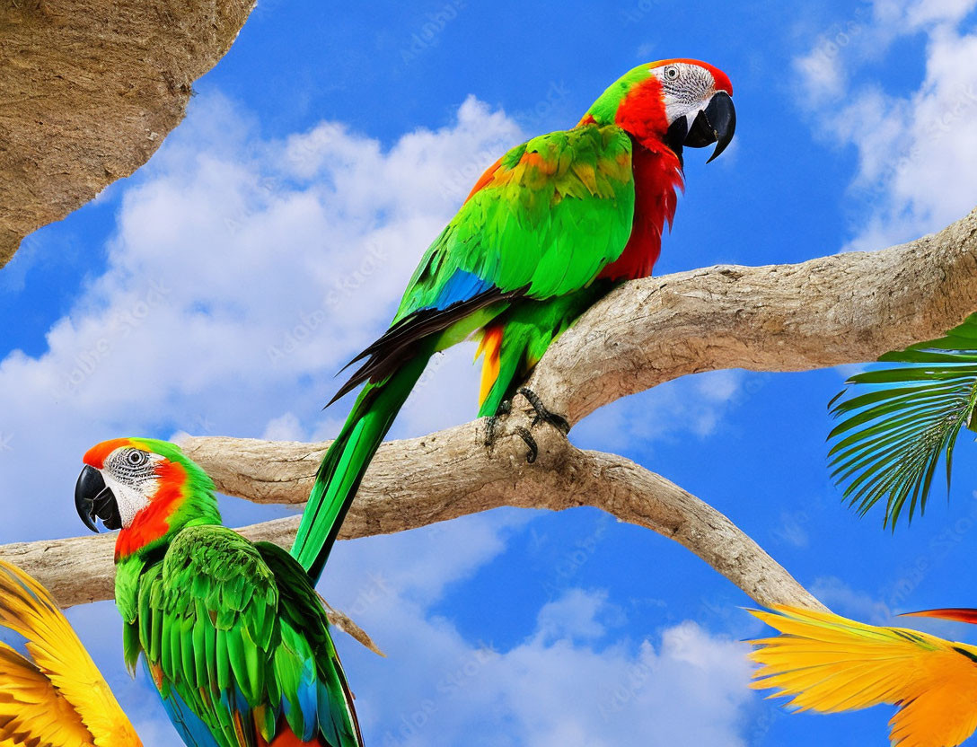 Vibrant Macaws on Branch in Blue Sky