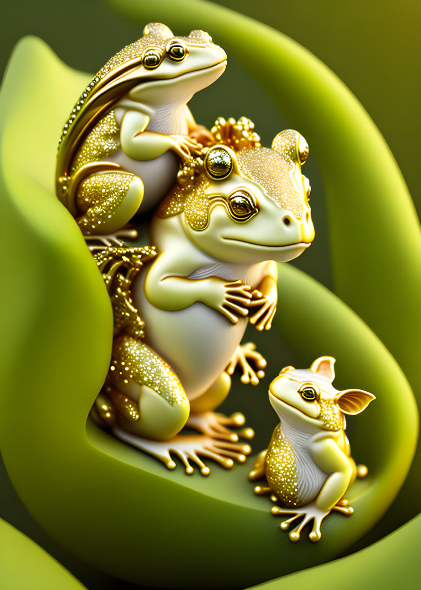 Three golden frogs on green leaves with sparkling textures in forest setting