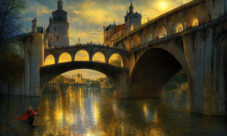 Historic stone bridge over river at sunset with strolling people and passing boat