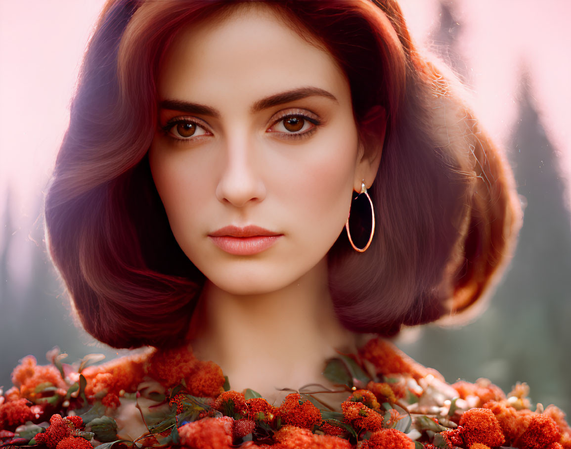 Short Purple-Haired Woman with Hoop Earrings Surrounded by Orange Flowers