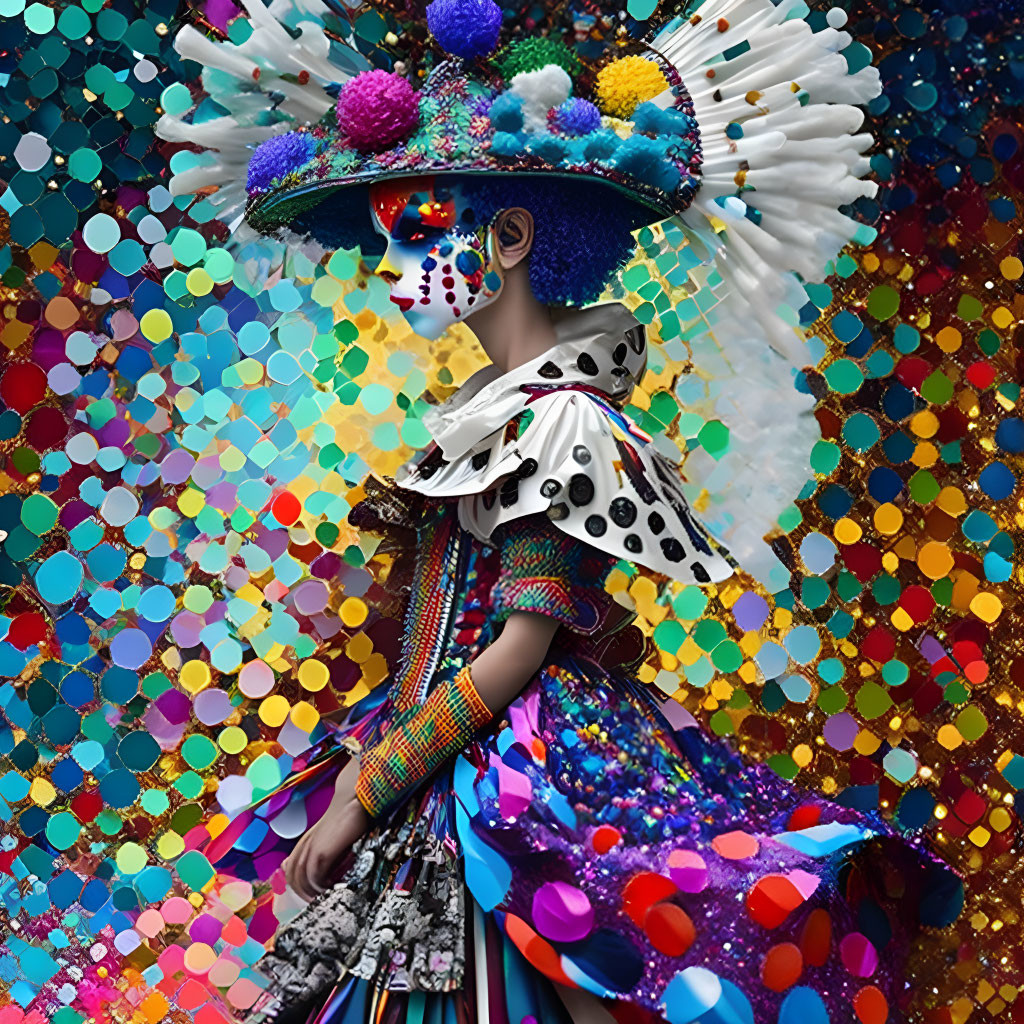 Colorful costume with hat and mask on vibrant background