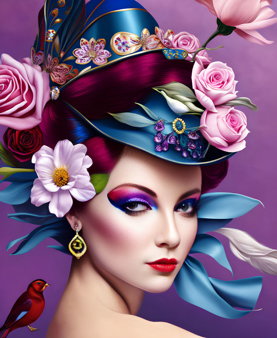 Stylized portrait of a woman with vibrant makeup and floral hat