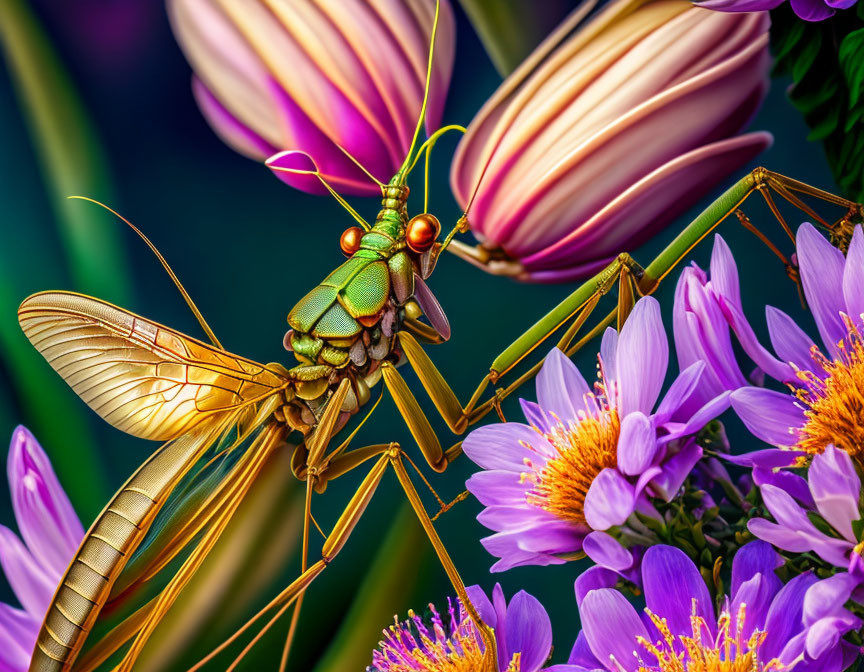 Detailed Close-Up of Green Mantis on Purple Flowers