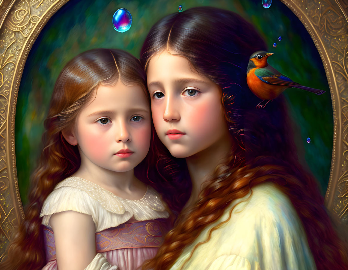 Vintage-style portrait of two girls with robin and bubbles in ornate golden frame