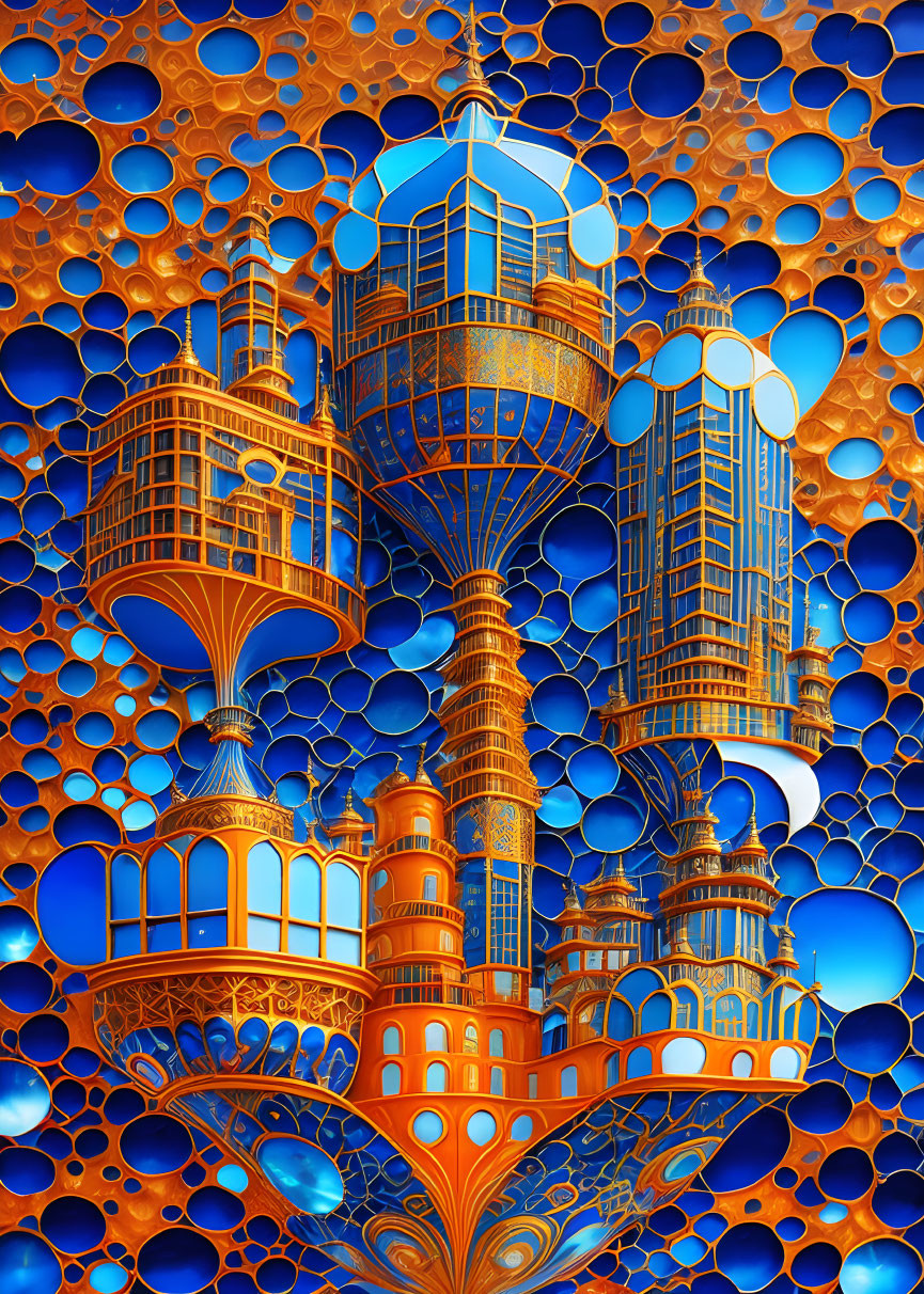 Vibrant digital artwork: Futuristic towers against blue bubbles