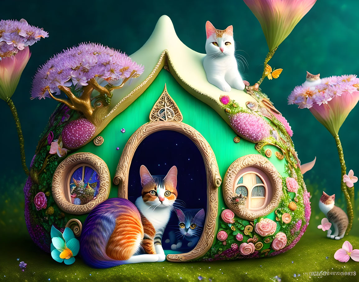 Colorful Fantasy House with Cats and Flowers Illustration