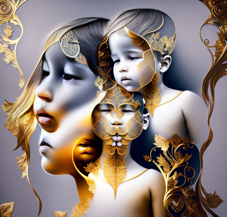 Surreal digital artwork: faces with golden floral patterns blending on dark background.