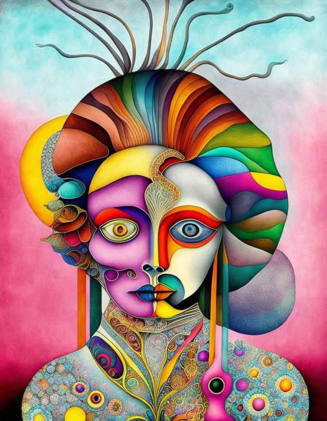 Colorful surreal portrait of female figure with patterned skin and fantastical headdress