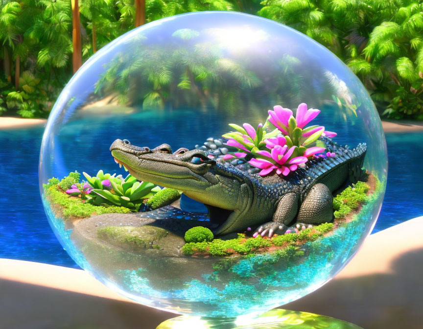 Smiling alligator in transparent sphere surrounded by lush pink and greenery