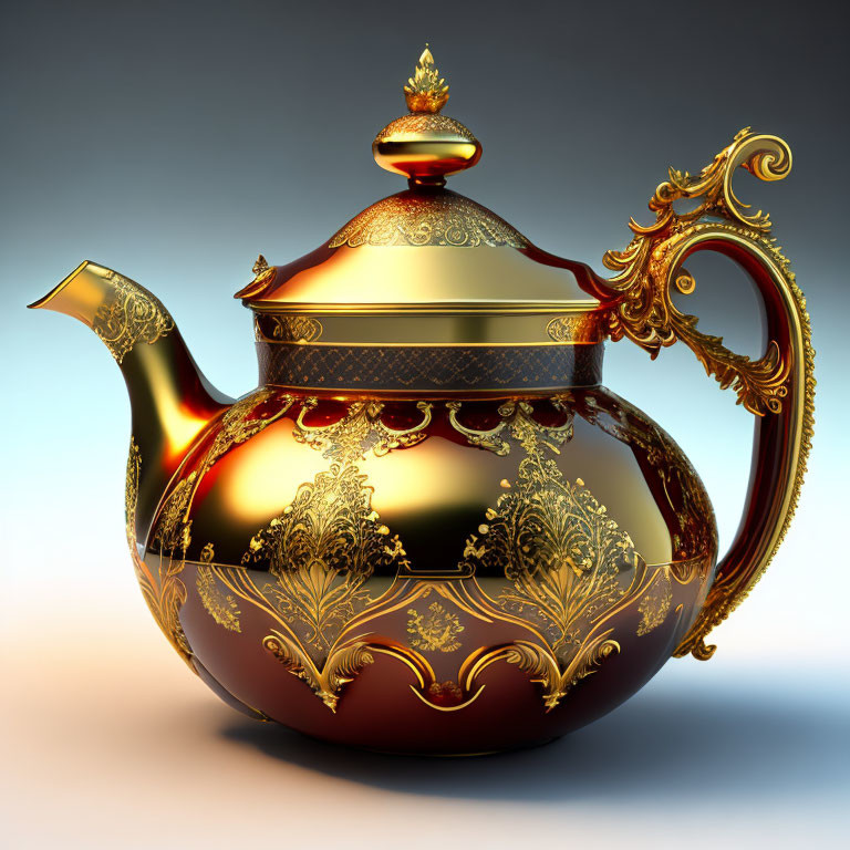 Red and Gold Ornate Teapot with Intricate Patterns on Reflective Surface