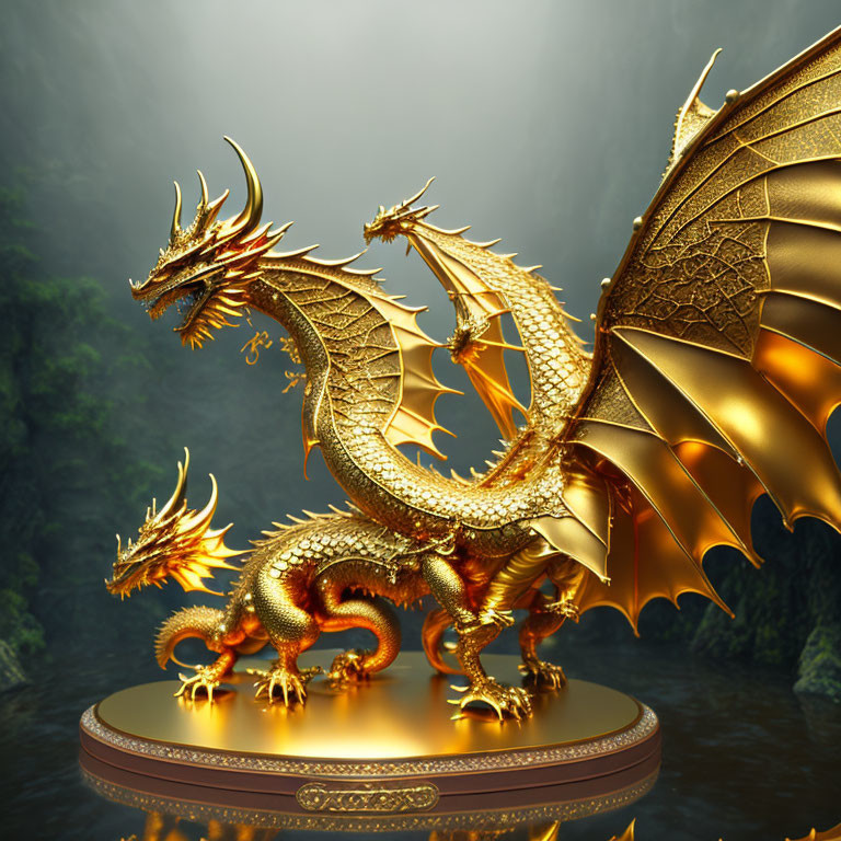 Golden dragon with large wings in foggy rocky landscape