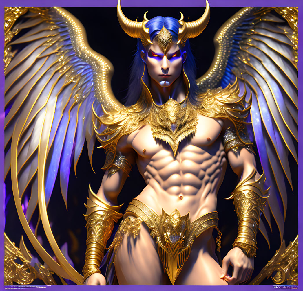 Mythical Figure with Gold Armor, Feathered Wings, Horns, and Blue Skin