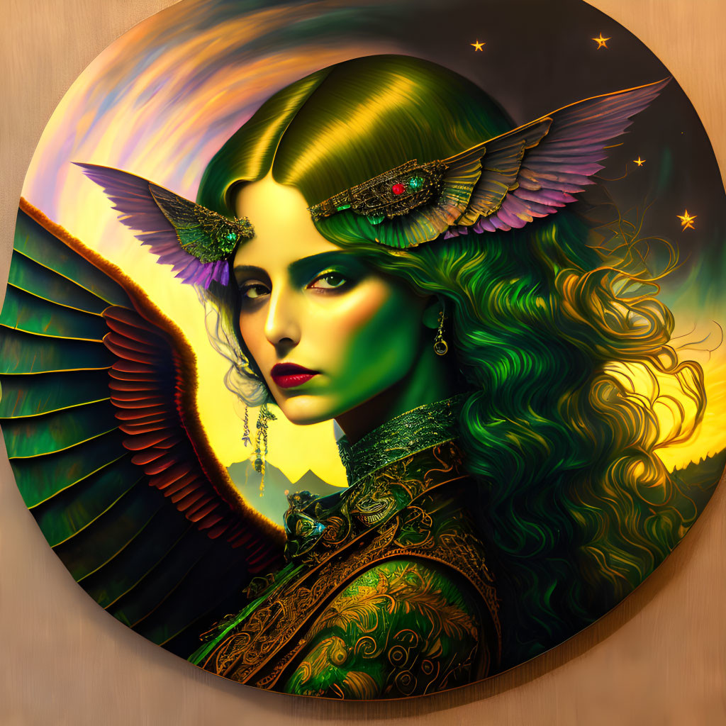 Fantastical portrait of woman with green skin, wavy hair, and mechanical wings in cosmic setting