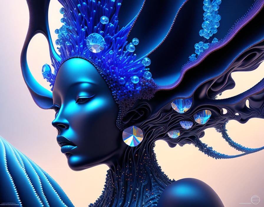 Digital Artwork: Woman with Blue Skin & Fantastical Headdress