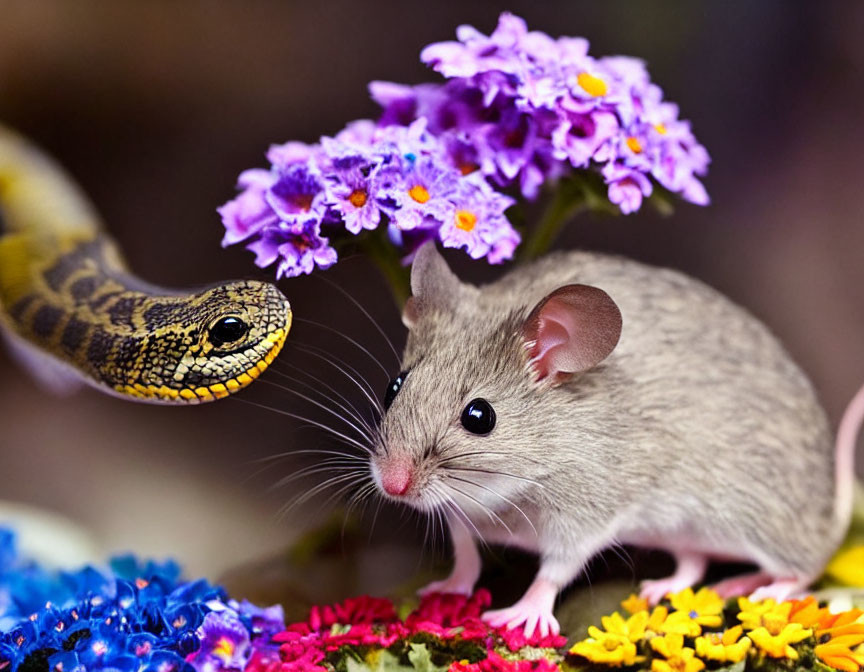 Mouse and snake encounter amidst colorful flowers and purple blooms