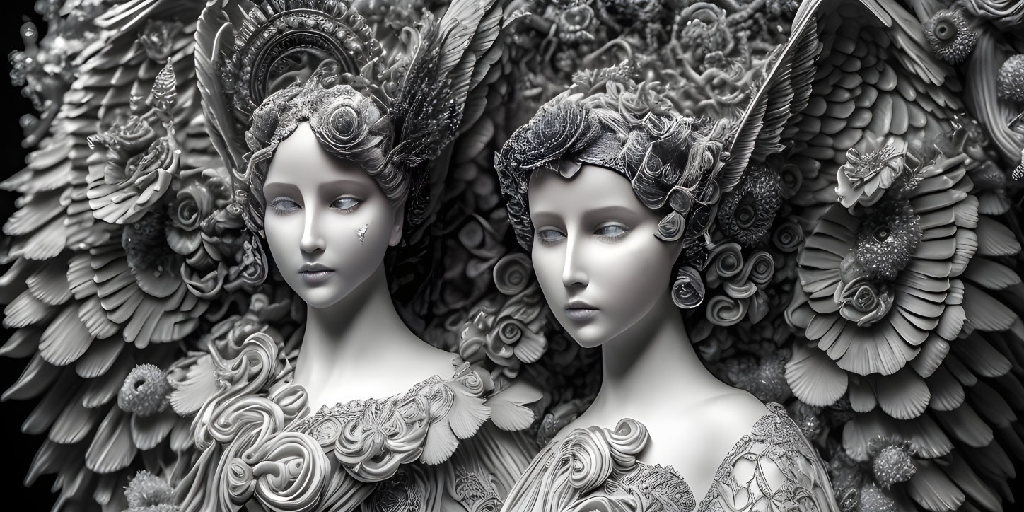 Intricate Monochrome Female Statues with Elaborate Wings and Hairstyles