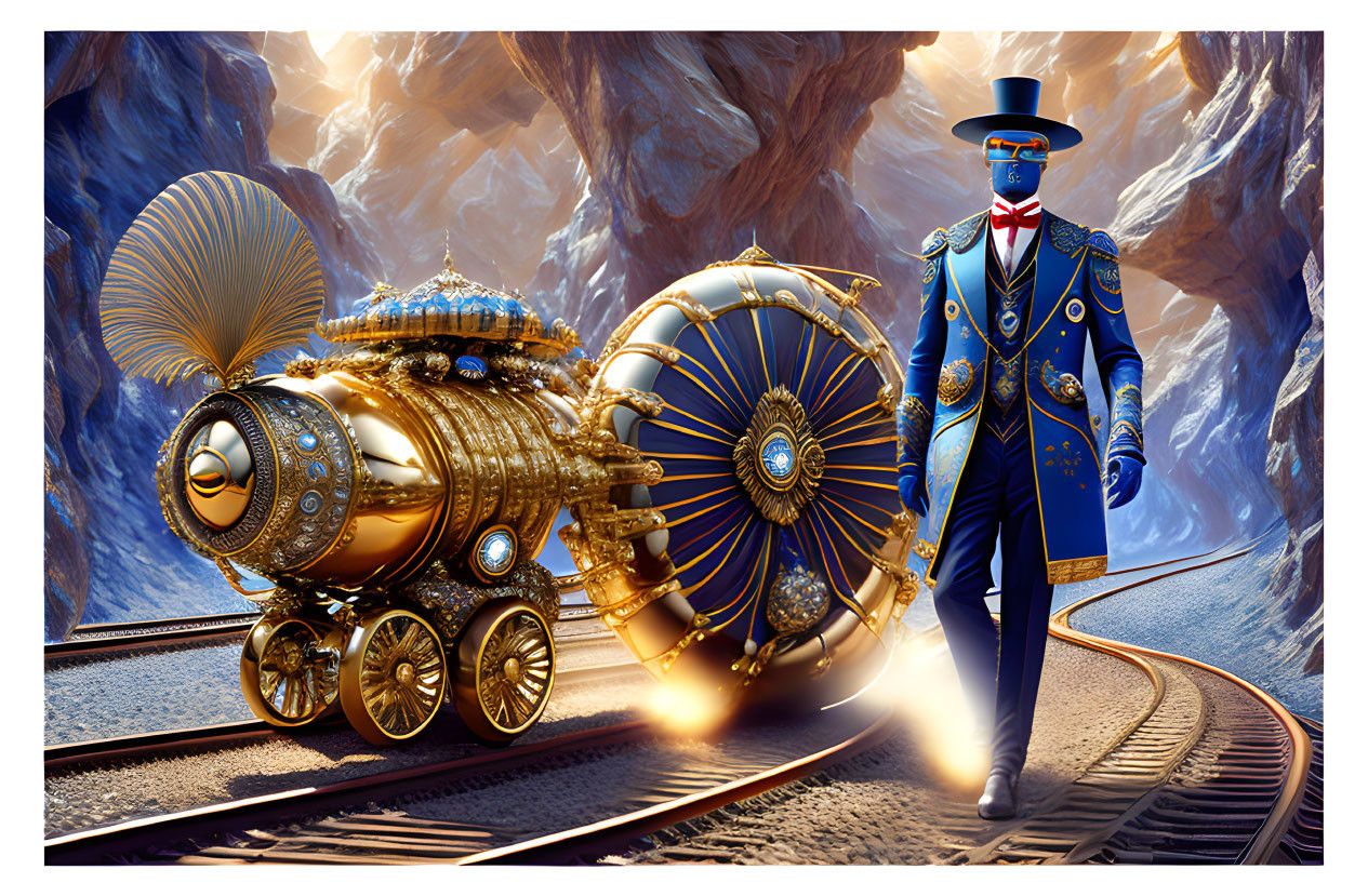 Golden steampunk train and man in blue coat in rock canyon