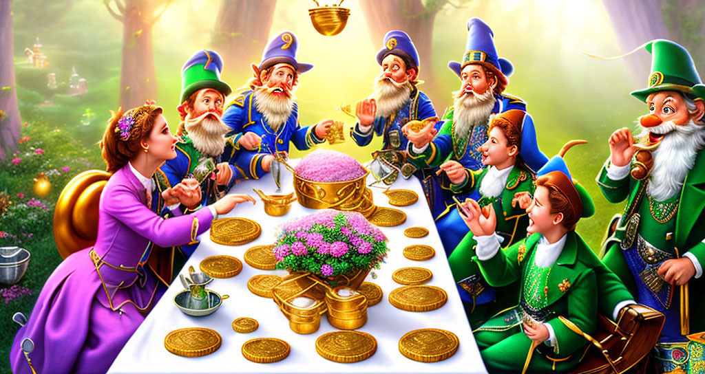 Colorful Illustration of Woman and Dwarves at Feast in Magical Forest