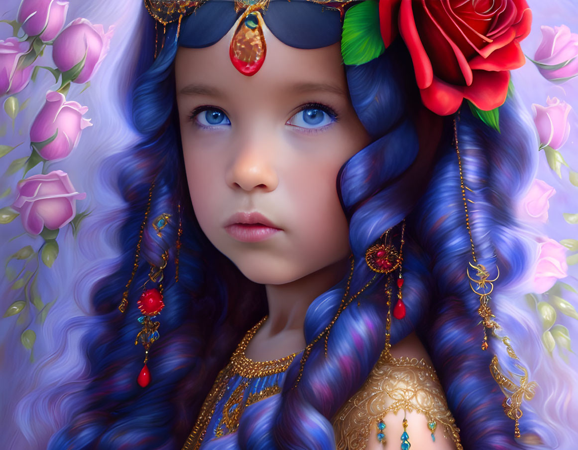 Young girl with blue curly hair and roses, surrounded by pink roses and gold jewelry