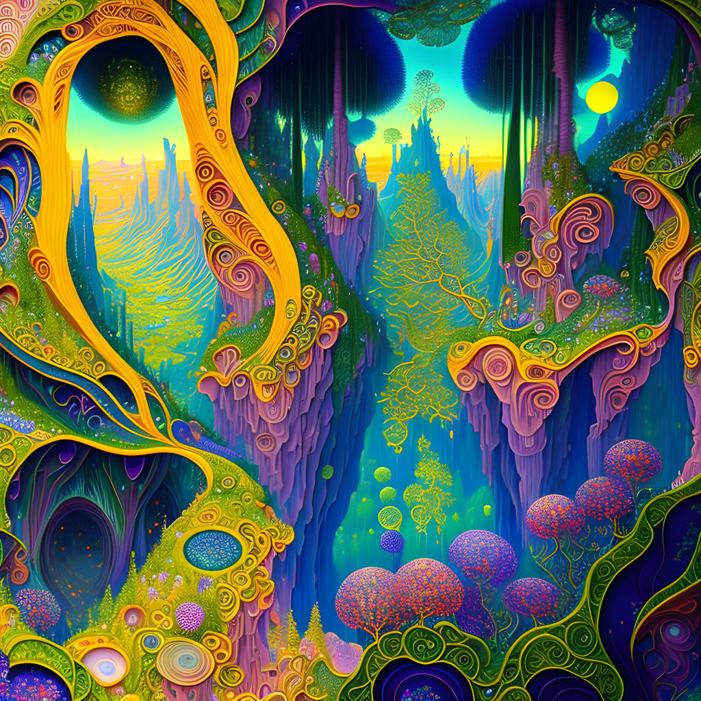 Colorful Psychedelic Landscape with Whimsical Trees