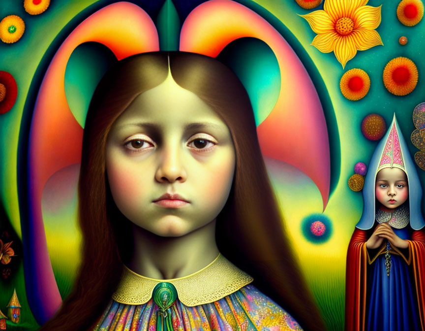 Colorful portrait of young girl with surreal elements and conical hat.