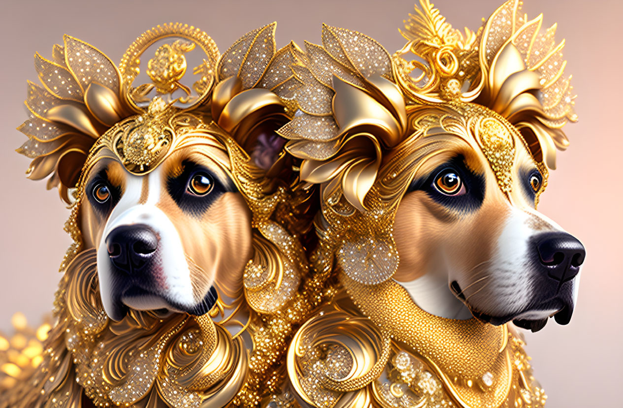 Regal Dogs with Golden Headdresses on Warm Background