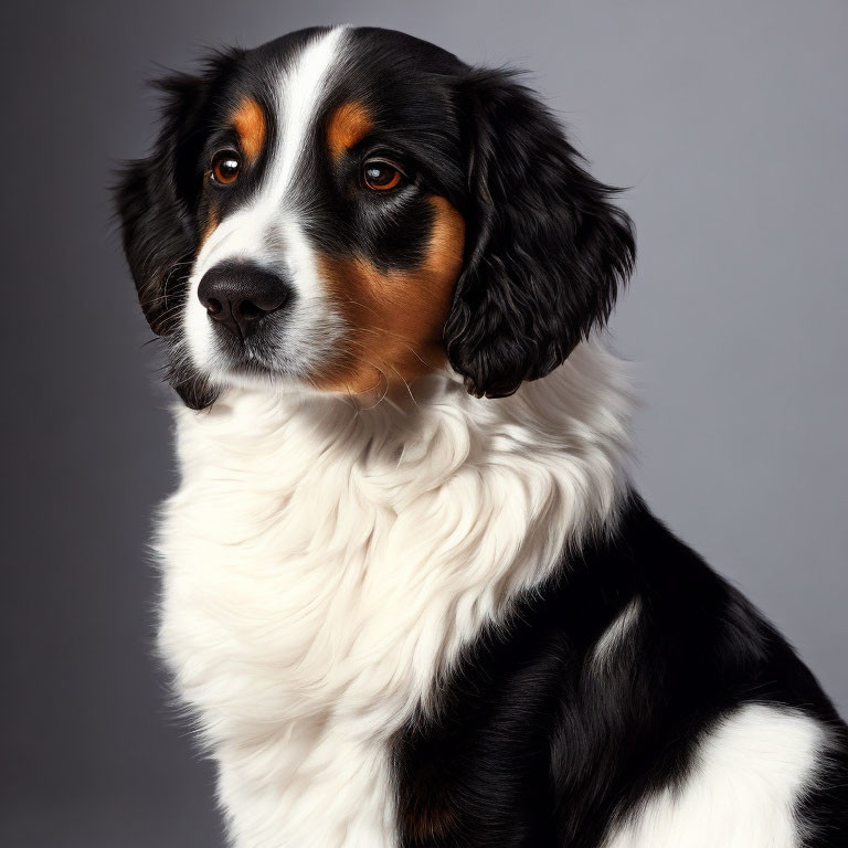 Tricolor Bernese Mountain Dog with glossy coat on grey background