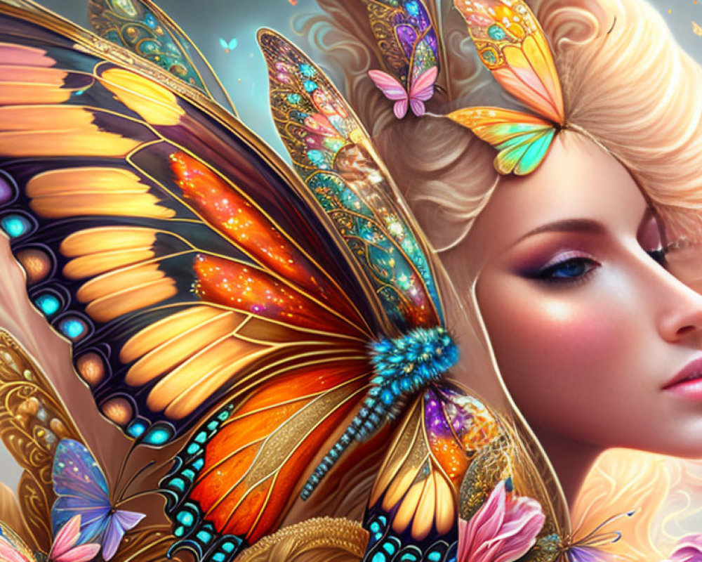 Colorful Butterfly Winged Woman Surrounded by Flowers in Fantasy Illustration