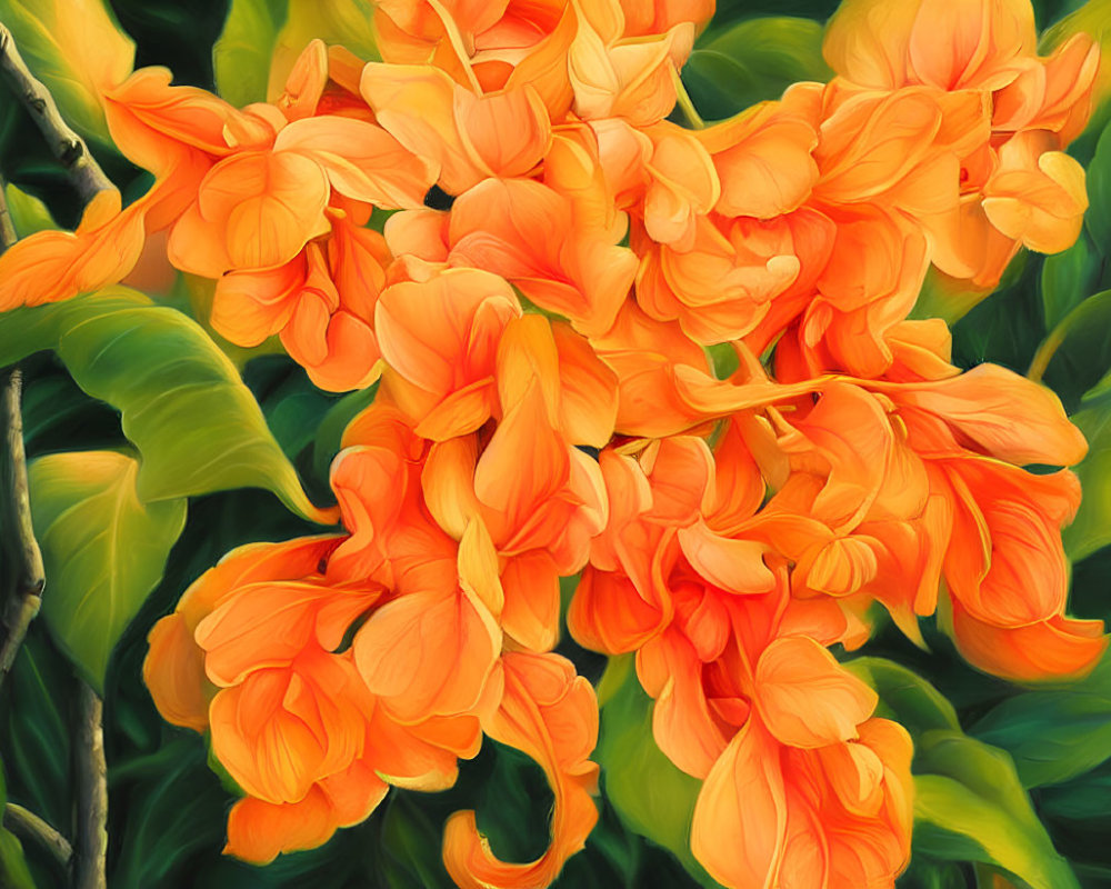 Colorful painting of blooming orange flowers with green leaves