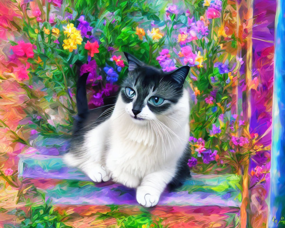 Vibrant digital painting of blue-eyed cat in floral garden