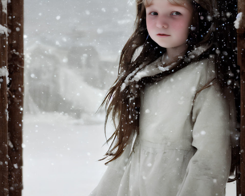 Young girl in white coat with headphones in falling snow scene.