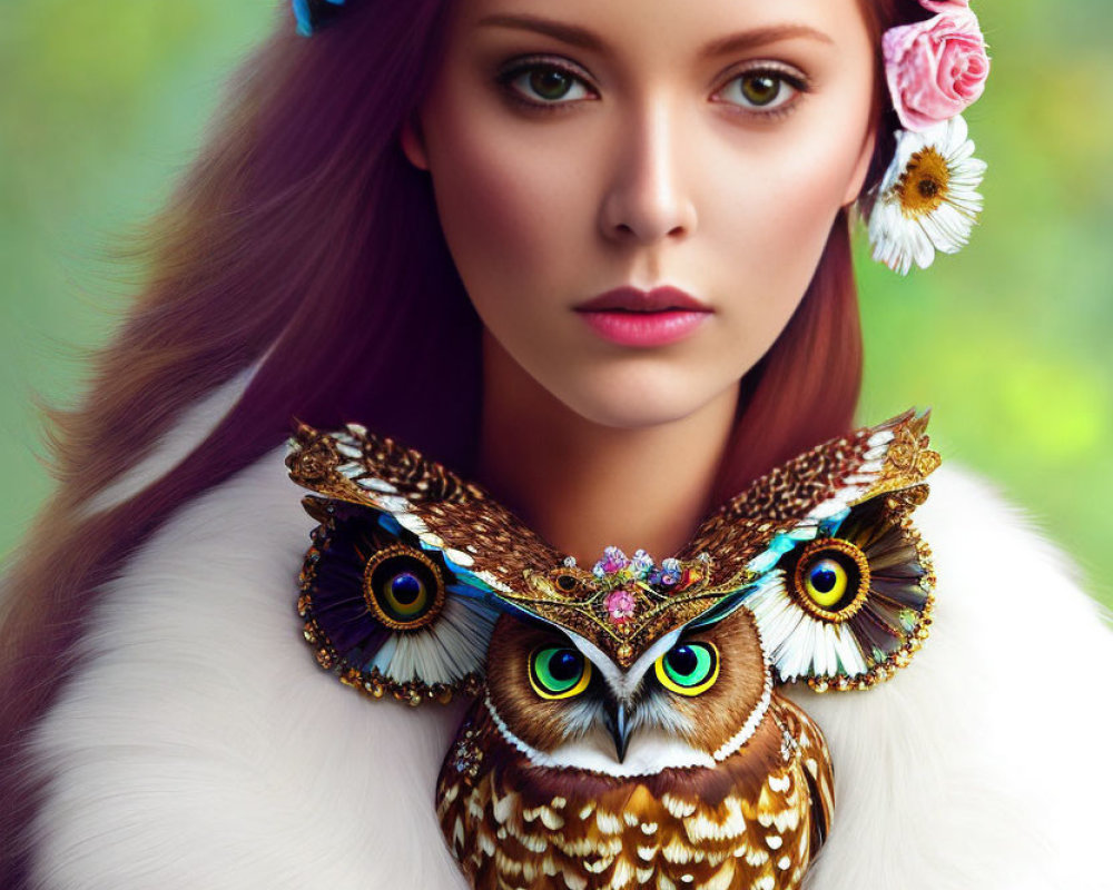 Woman with Floral Crown and Owl in Detailed Portrait