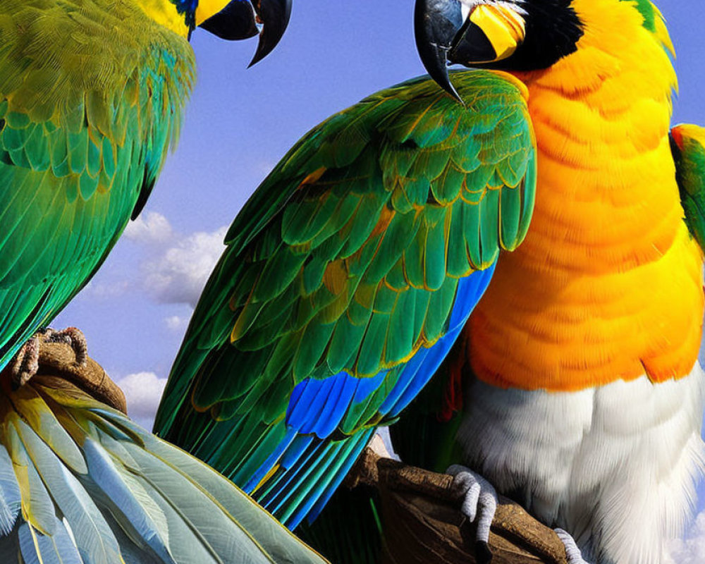 Vibrant macaws on branch against blue sky