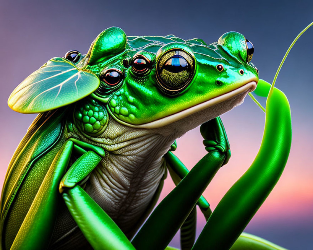 Vibrant green frog on curved plant stem against pastel sunset