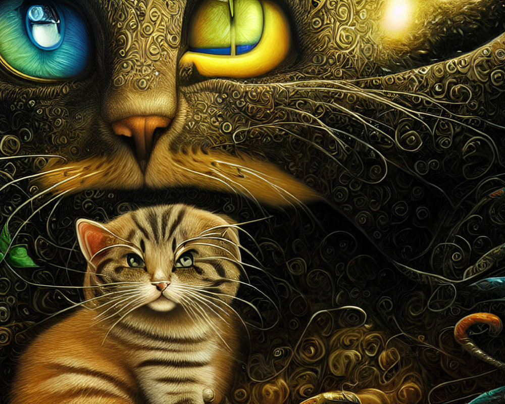 Stylized large cat with intricate patterns and vivid eyes above smaller kitten