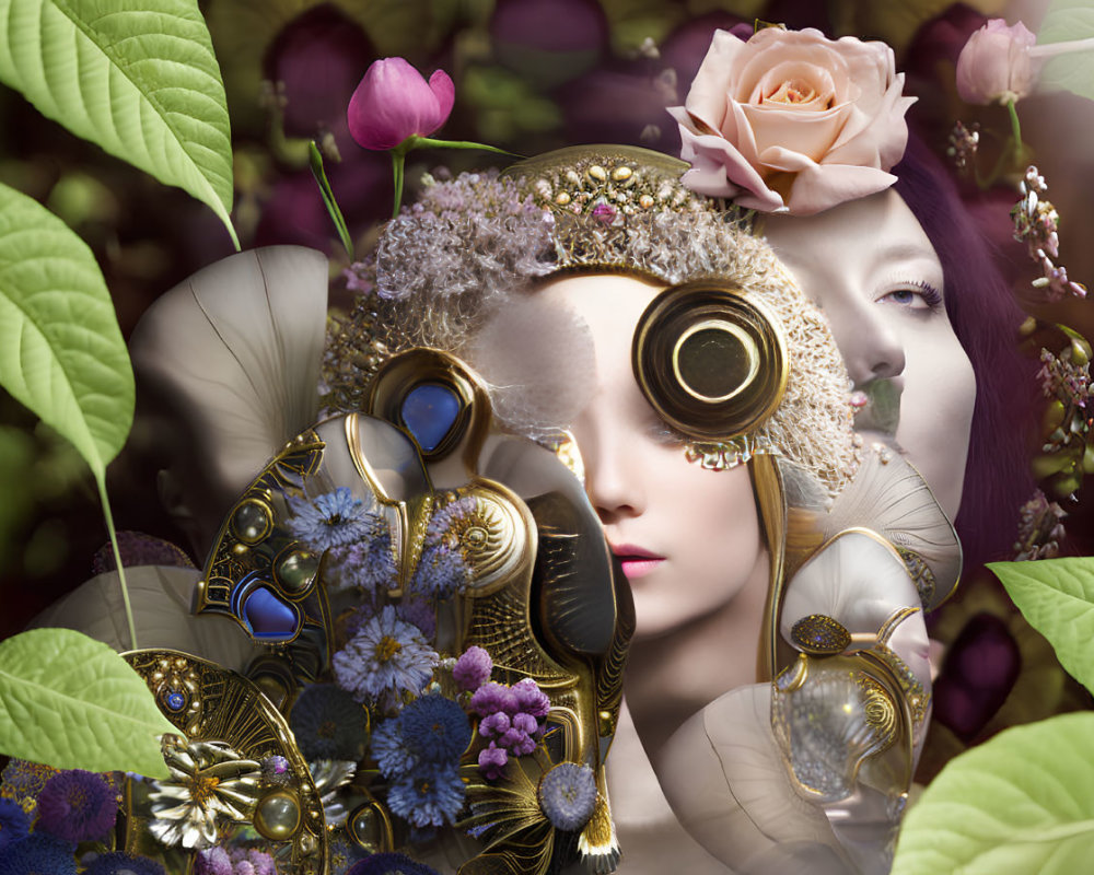 Steampunk-inspired woman with goggles and floral metalwork in lush setting