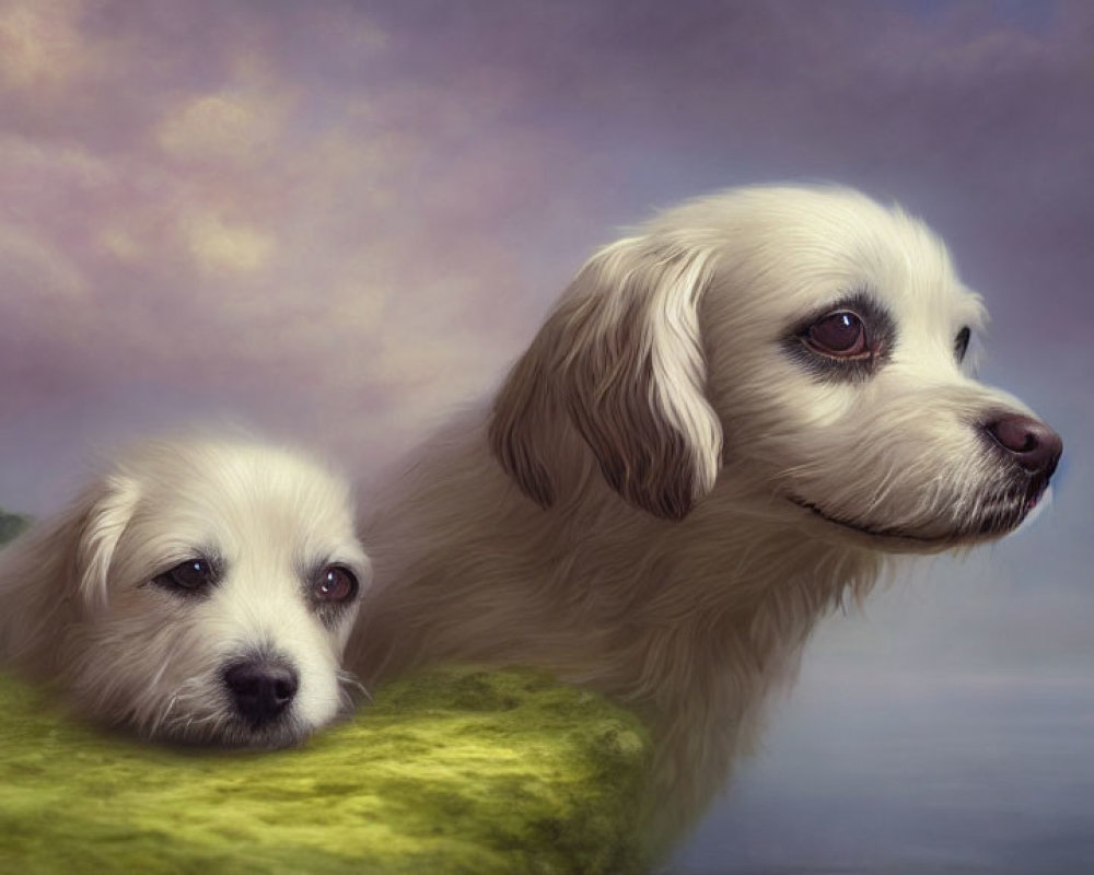 White Dogs Resting on Mossy Outcrop with Serene Landscape and Pastel Skies