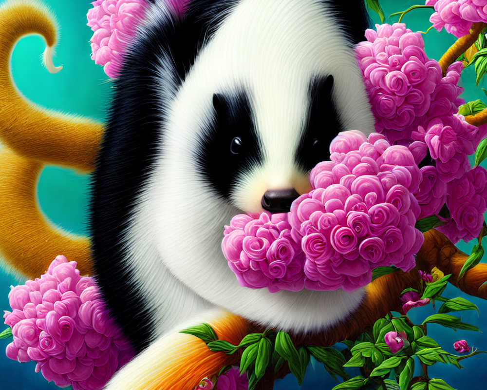 Colorful Panda with Pink Flowers and Golden Monkey Tail