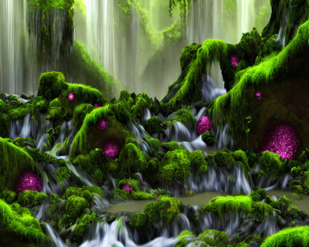 Moss-covered rocks with purple orbs and waterfalls in mystical forest