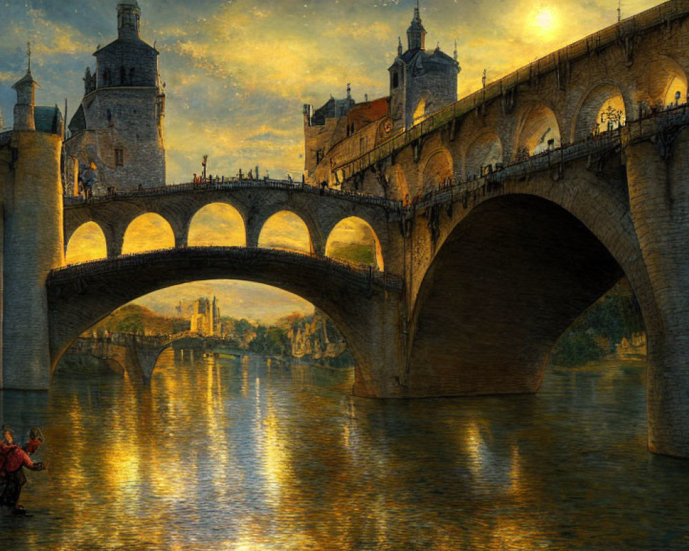 Historic stone bridge over river at sunset with strolling people and passing boat