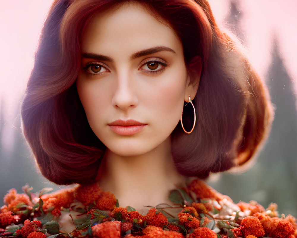 Short Purple-Haired Woman with Hoop Earrings Surrounded by Orange Flowers