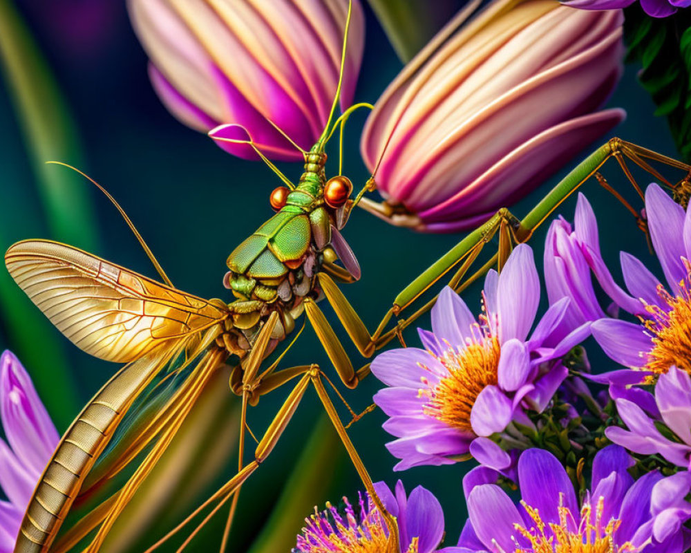 Detailed Close-Up of Green Mantis on Purple Flowers