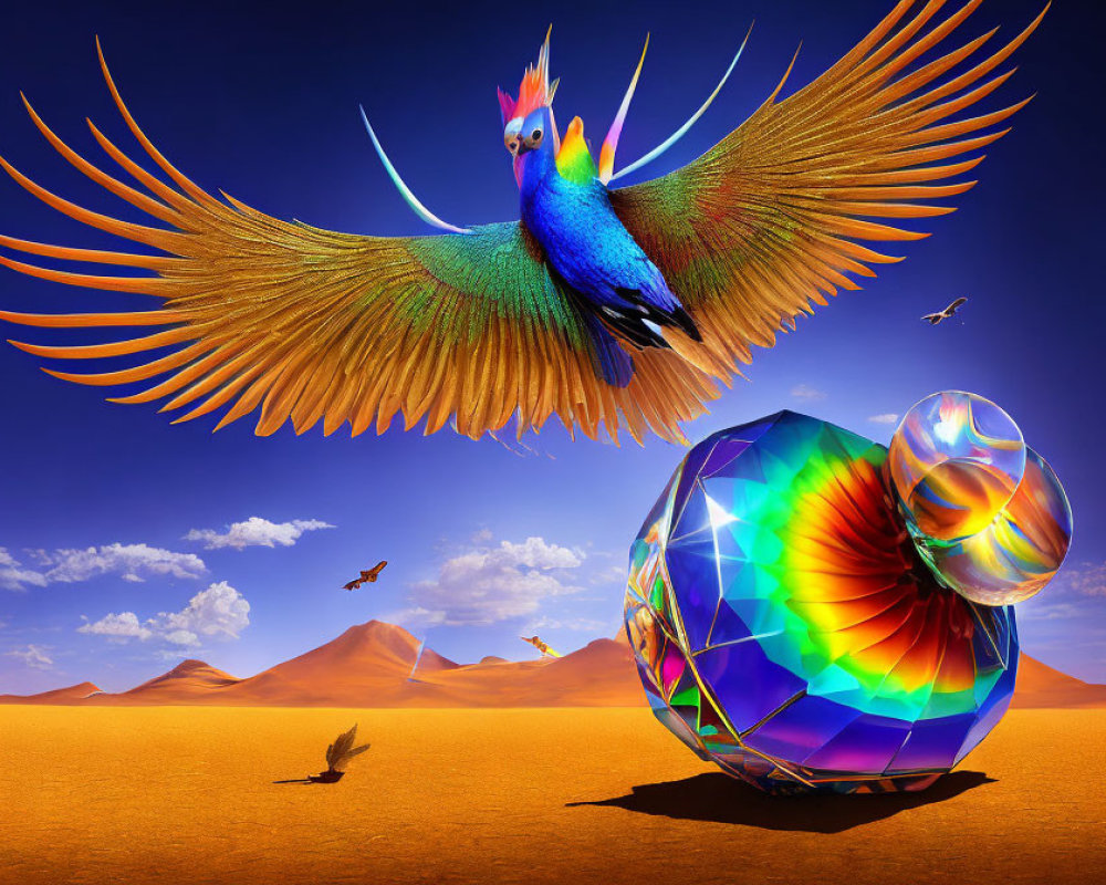 Colorful Parrot Flying Over Desert with Large Crystal Structure